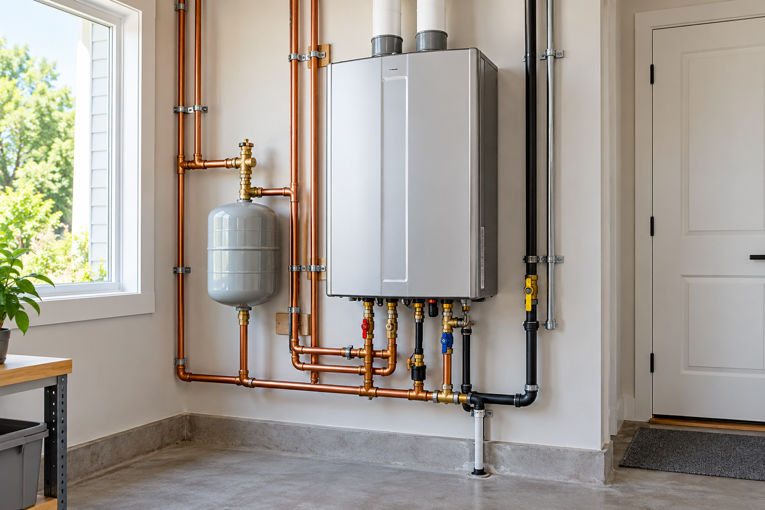 A wall-mounted tankless water heater